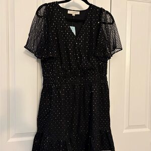 LOFT Petite Black Sequin Polka Dot Short Sleeve Party Dress V-Neck A-Line
